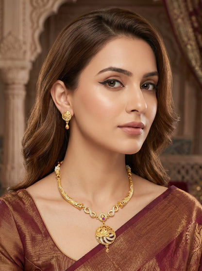 Gold Plated AD Studded Necklace Set with Matching Earrings for Women
