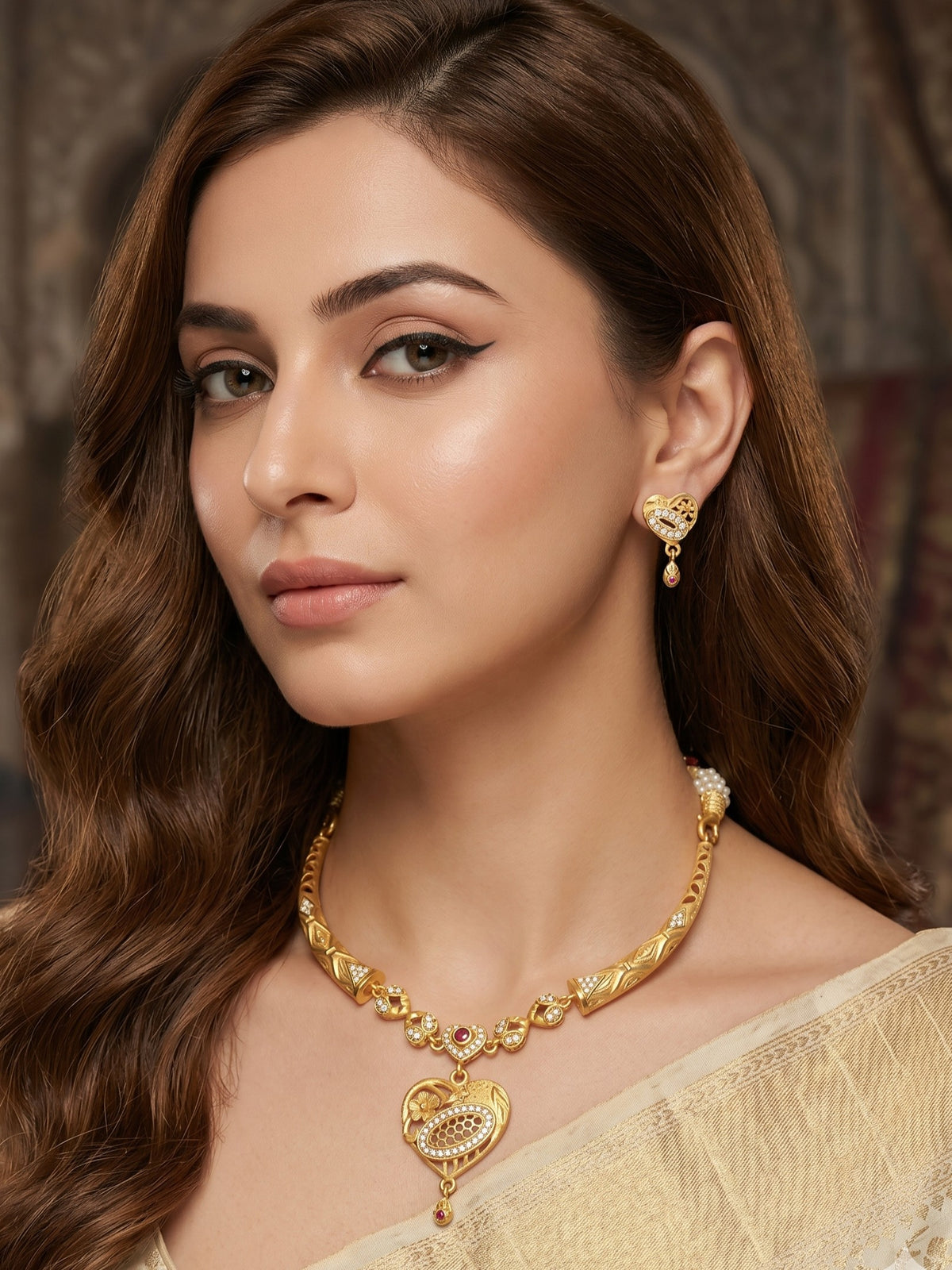 Gold Plated AD Studded Necklace Set with Matching Earrings for Women