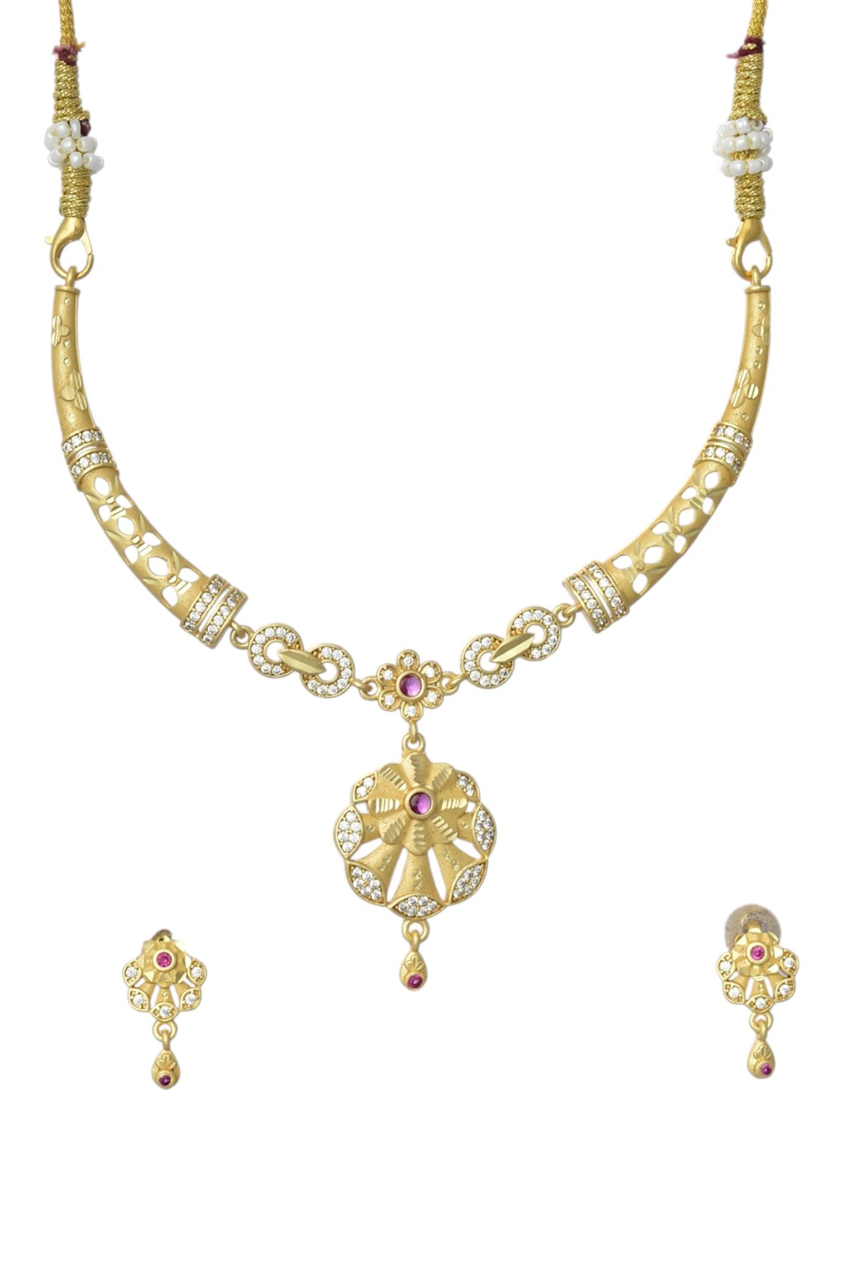 Gold Plated AD Studded Necklace Set with Matching Earrings for Women