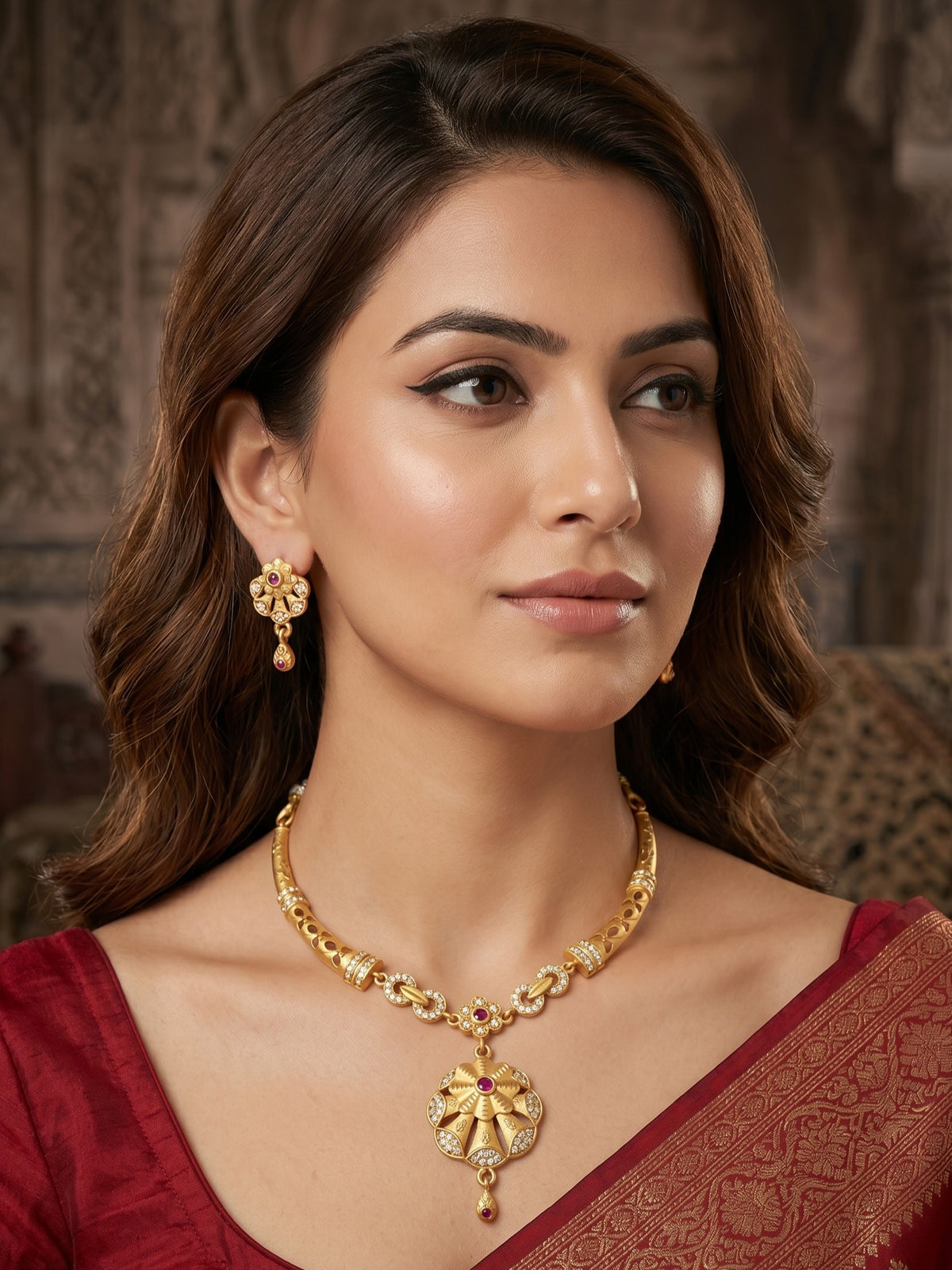 Gold Plated AD Studded Necklace Set with Matching Earrings for Women