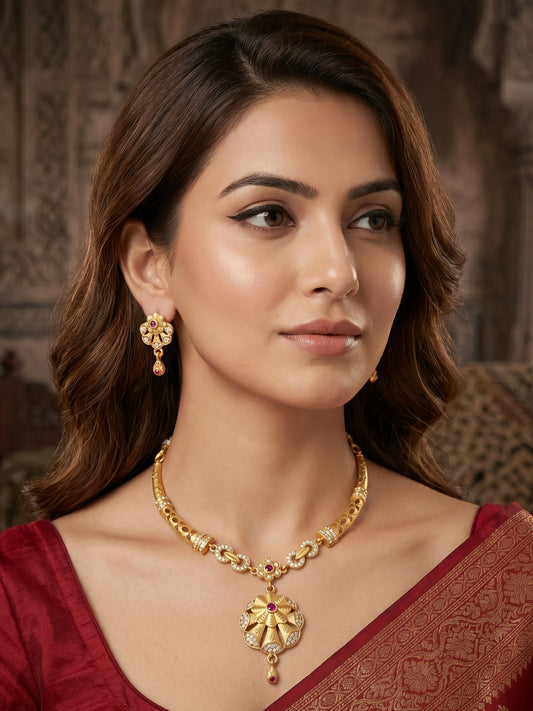 Gold Plated AD Studded Necklace Set with Matching Earrings for Women