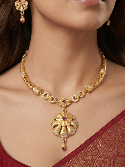 Gold Plated AD Studded Necklace Set with Matching Earrings for Women