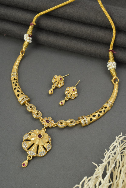 Gold Plated AD Studded Necklace Set with Matching Earrings for Women