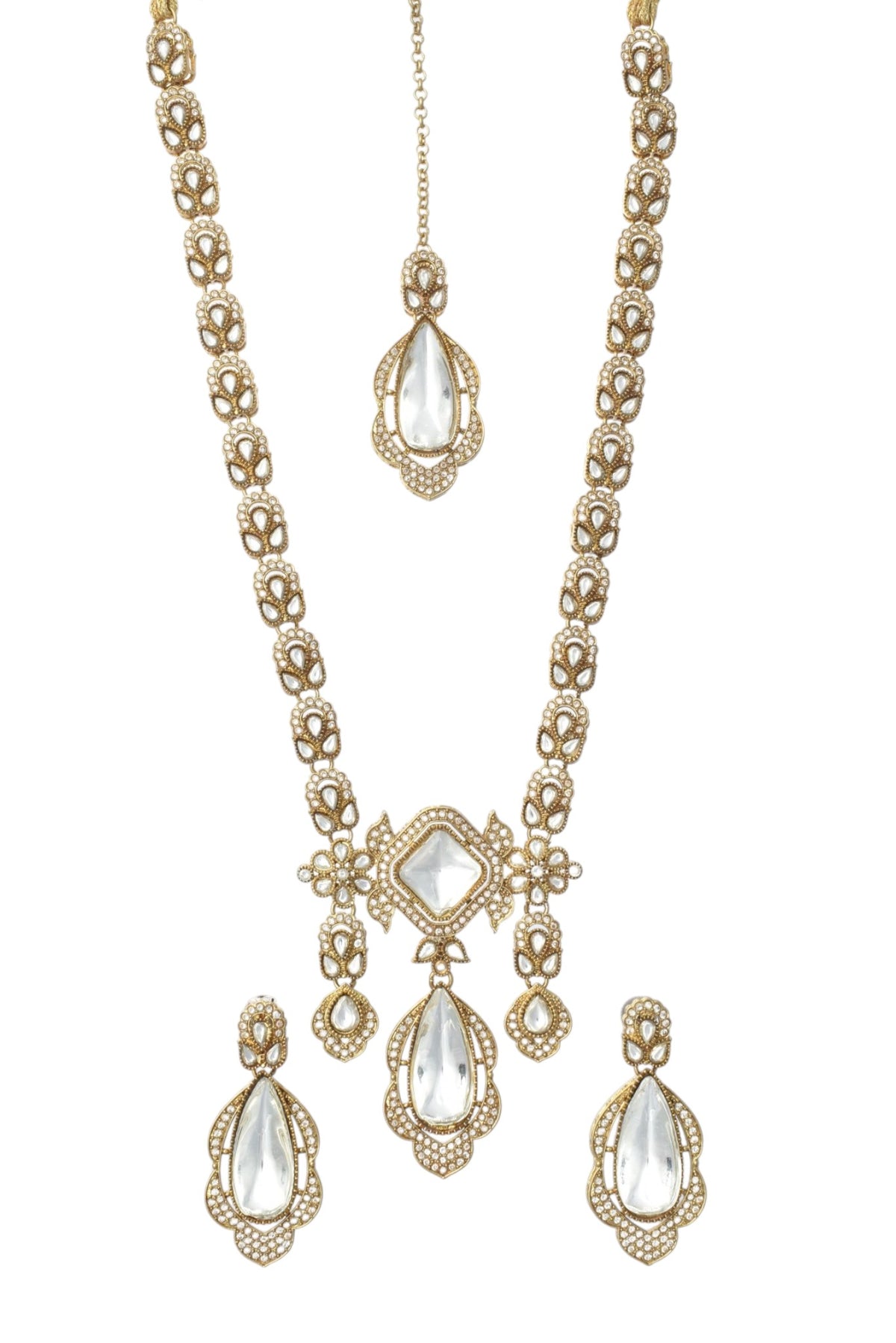 Premium Long Kundan Polki Necklace Set with Matching Teardrop Earrings and Maang Tikka for Women
