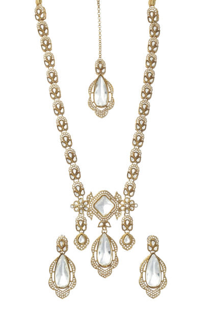 Premium Long Kundan Polki Necklace Set with Matching Teardrop Earrings and Maang Tikka for Women