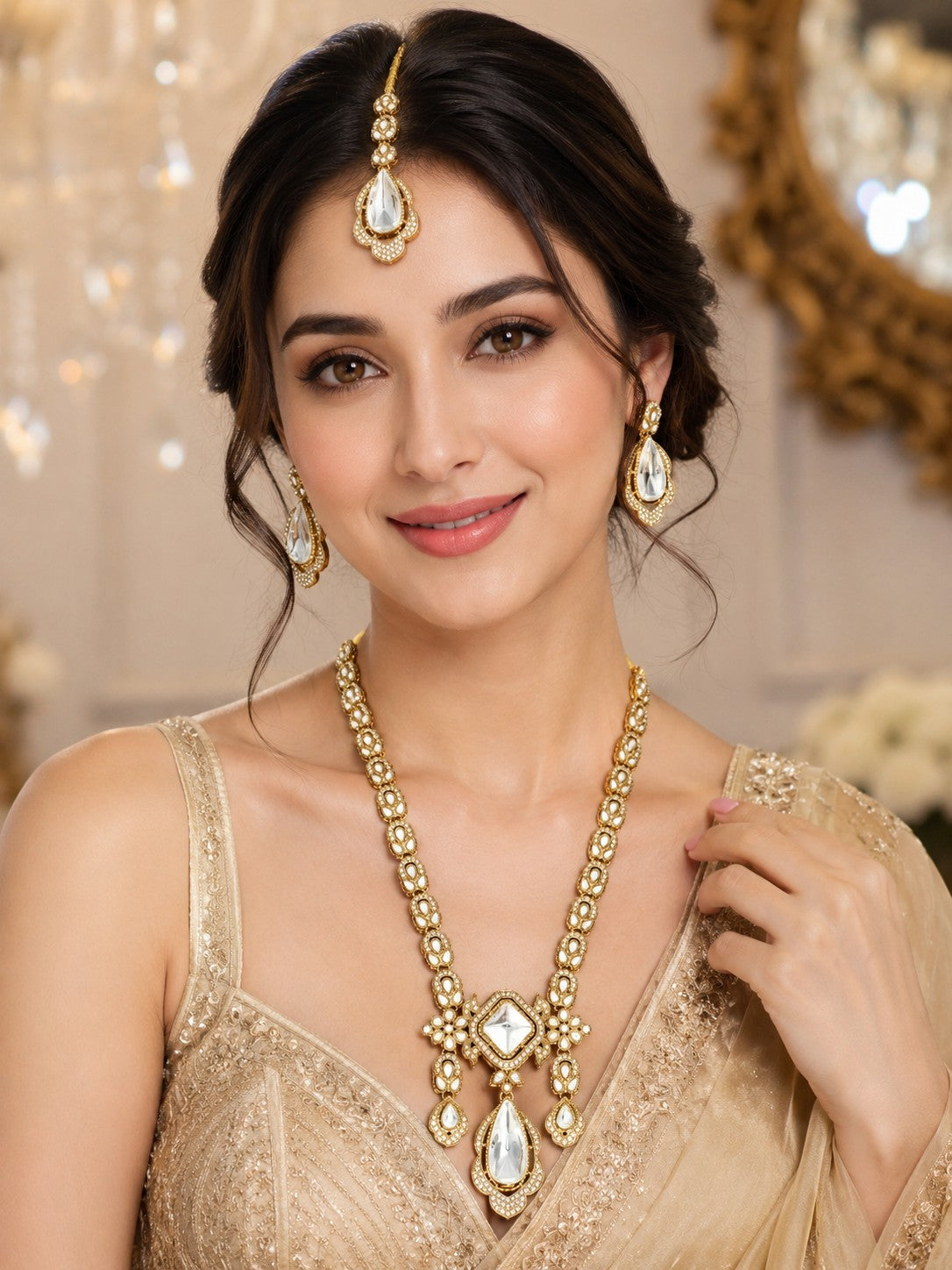 Premium Long Kundan Polki Necklace Set with Matching Teardrop Earrings and Maang Tikka for Women