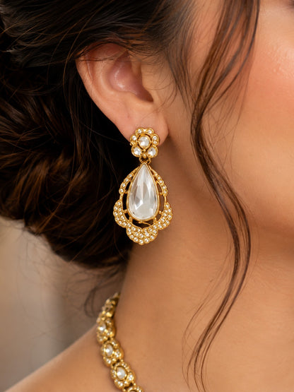 Premium Long Kundan Polki Necklace Set with Matching Teardrop Earrings and Maang Tikka for Women