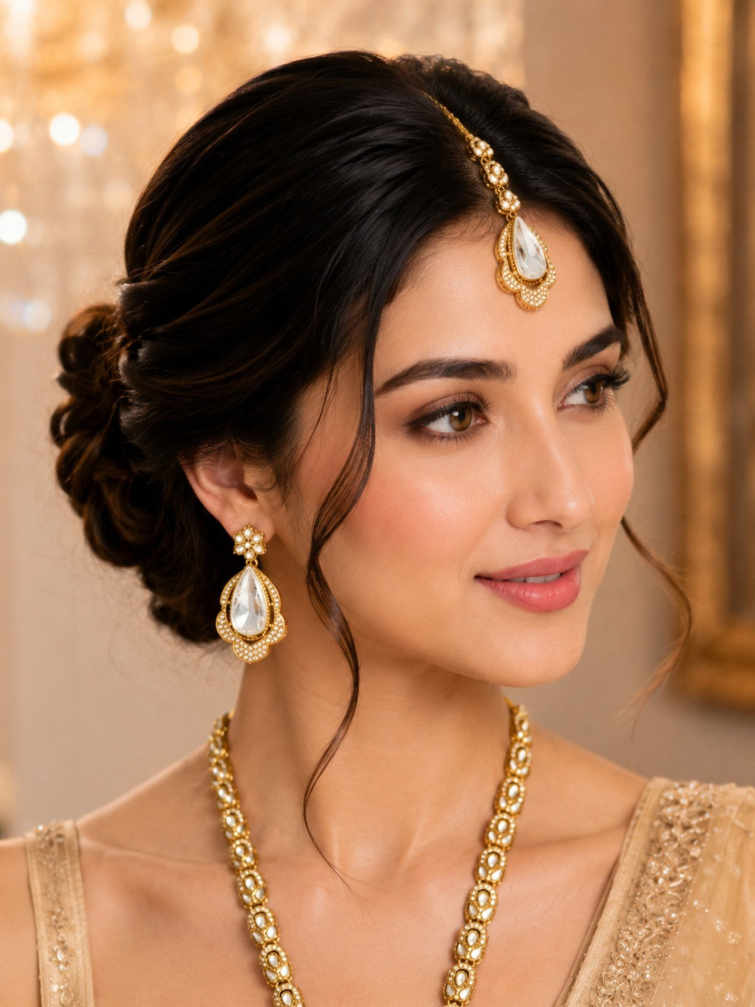 Premium Long Kundan Polki Necklace Set with Matching Teardrop Earrings and Maang Tikka for Women