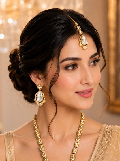 Premium Long Kundan Polki Necklace Set with Matching Teardrop Earrings and Maang Tikka for Women