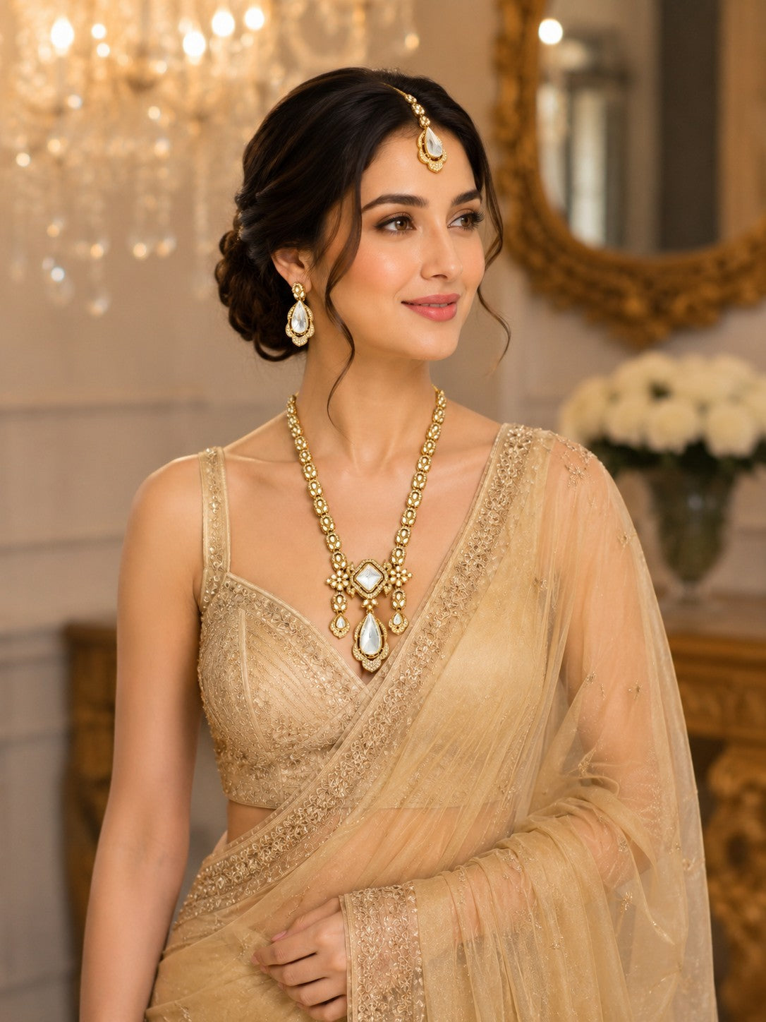 Premium Long Kundan Polki Necklace Set with Matching Teardrop Earrings and Maang Tikka for Women