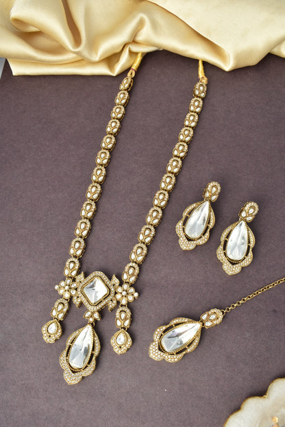Premium Long Kundan Polki Necklace Set with Matching Teardrop Earrings and Maang Tikka for Women