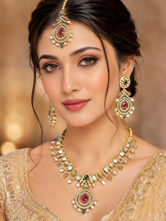 Multi-Color Kundan Necklace Set with Matching Drop Earrings and Maang Tikka for Women