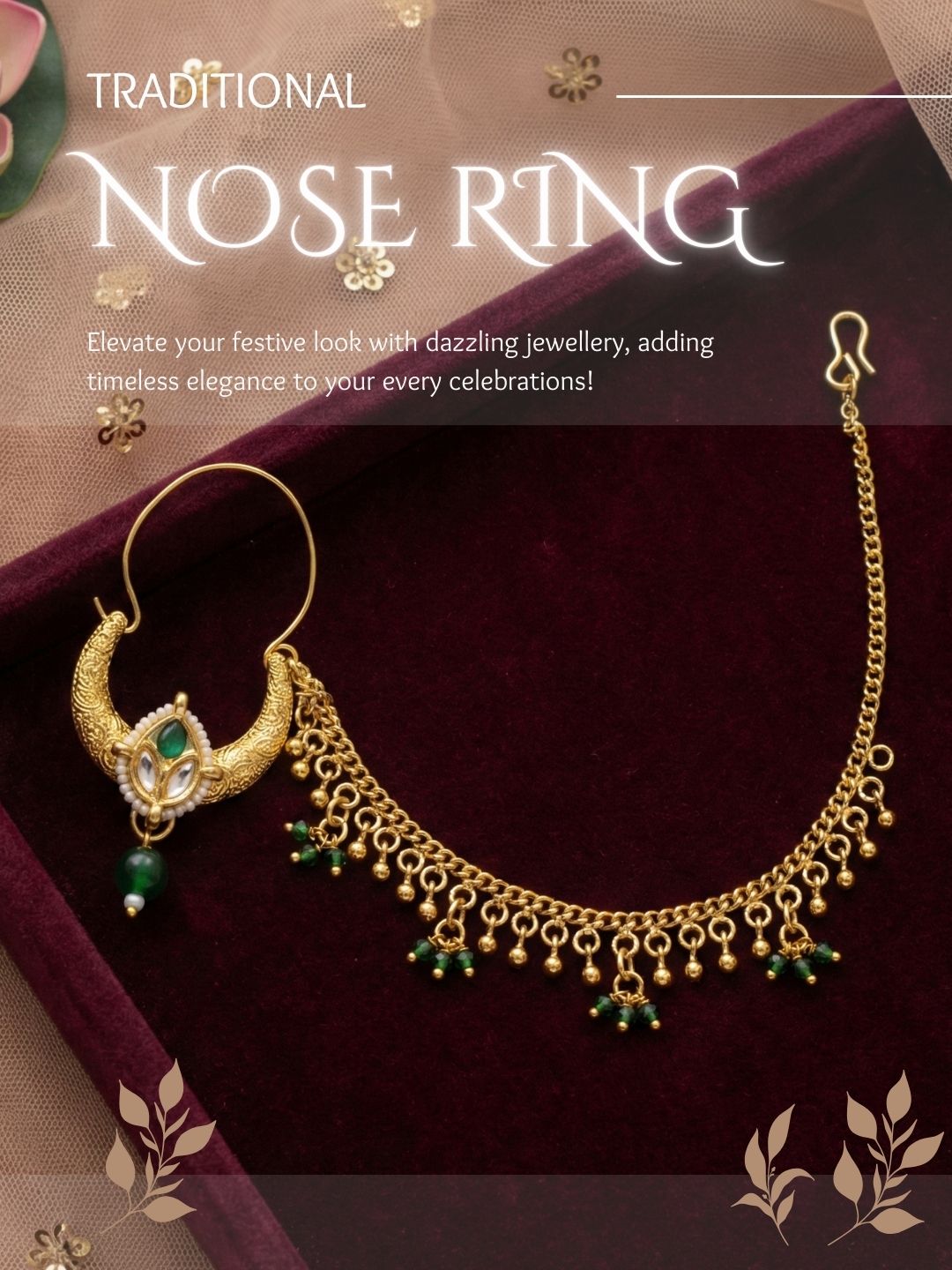 Meira Jewellery Traditional Bridal Nath with Chain for Women, Nose Ring with Green Stone, Kundan & Bead Drop, Ethnic Maharashtrian Style Nose Accessory for Wedding, Festive, Party & Cultural Jewellery