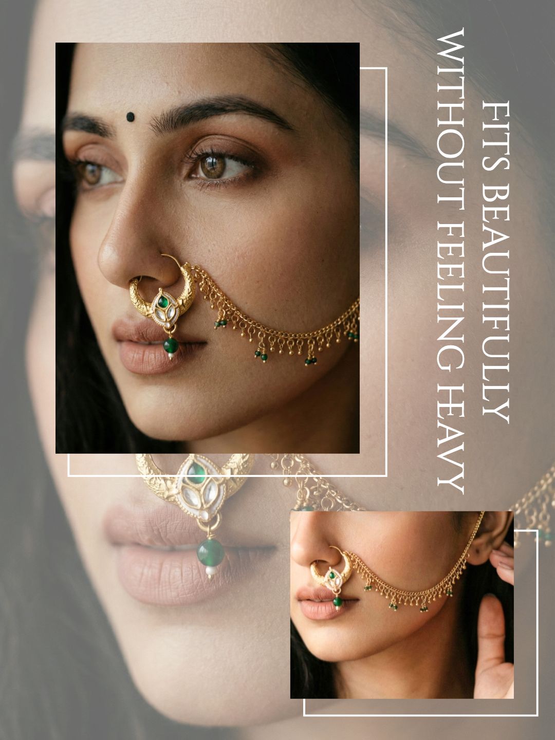 Meira Jewellery Traditional Bridal Nath with Chain for Women, Nose Ring with Green Stone, Kundan & Bead Drop, Ethnic Maharashtrian Style Nose Accessory for Wedding, Festive, Party & Cultural Jewellery