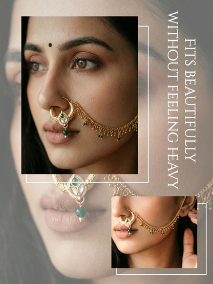Meira Jewellery Traditional Bridal Nath with Chain for Women, Nose Ring with Green Stone, Kundan & Bead Drop, Ethnic Maharashtrian Style Nose Accessory for Wedding, Festive, Party & Cultural Jewellery