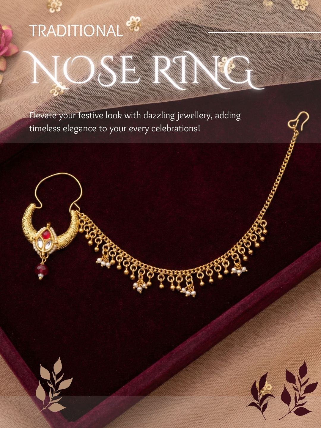 Meira Jewellery Traditional Bridal Nath with Chain for Women, Nose Ring with Red Stone, Kundan & Bead Drop, Ethnic Maharashtrian Style Nose Accessory for Wedding, Festive, Party & Cultural Jewellery