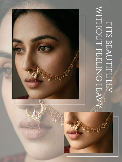 Meira Jewellery Traditional Bridal Nath with Chain for Women, Nose Ring with Red Stone, Kundan & Bead Drop, Ethnic Maharashtrian Style Nose Accessory for Wedding, Festive, Party & Cultural Jewellery