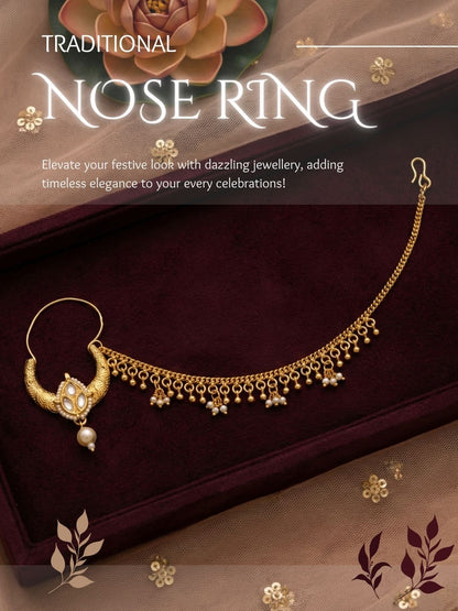 Meira Jewellery Traditional Bridal Nath with Chain for Women, Nose Ring with White Stone, Kundan & Bead Drop, Ethnic Maharashtrian Style Nose Accessory for Wedding, Festive, Party & Cultural Jewellery