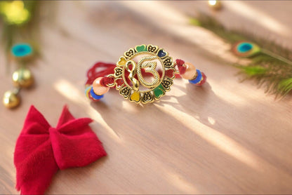 Spiritual ik onkar Rakhis  Divine Goldplated  Multicolored  Rakhis Set of 2 Rakhi  Made from Cotton Threds with Pack of Roli Chawal n Rakshabandhan Greetings Card |rakhi for brother|Bhaiya Rakhi | Kids rakhi |Rakhi for kids|Rakhi for Bhaiya