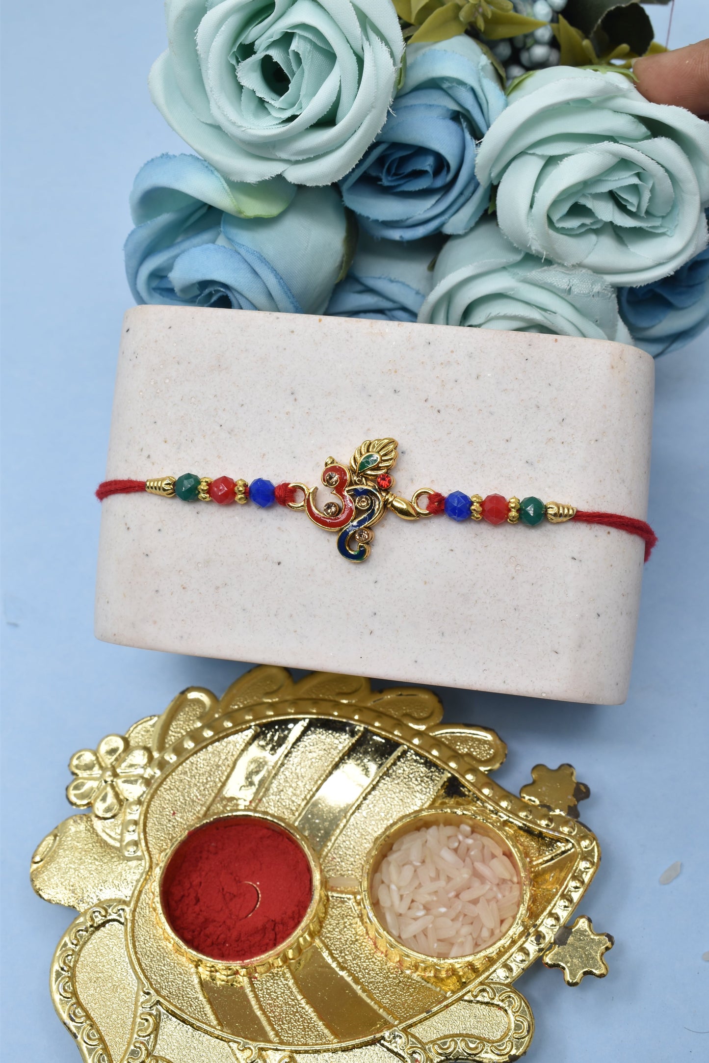 Spiritual OM With Ganesha n Morpankh  Divine Goldplated  Multicolored  Rakhis  Set of 3 Rakhi   with Pack of Roli Chawal n Card |rakhi for brother|Bhaiya Rakhi | Kids rakhi |Rakhi for kids|Rakhi for Bhaiya