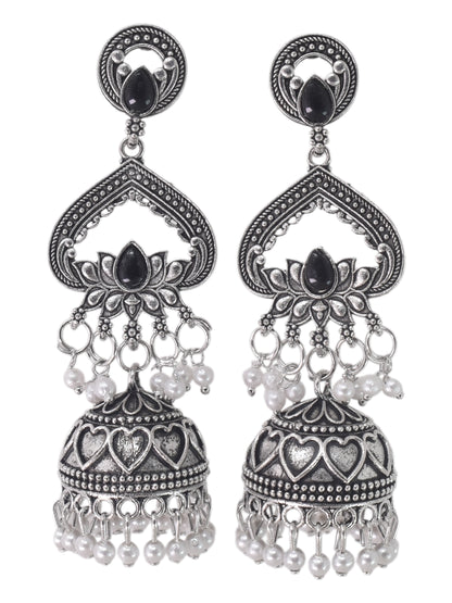 Silver Plated, Stylish Oxidised Lotus Motif Jhumka Earrings for Women and Girls, Traditional Ethnic Pearl Drop Wedding Festive Party Jewellery, Traditional Floral Design Black Coloured Ethnic Earring