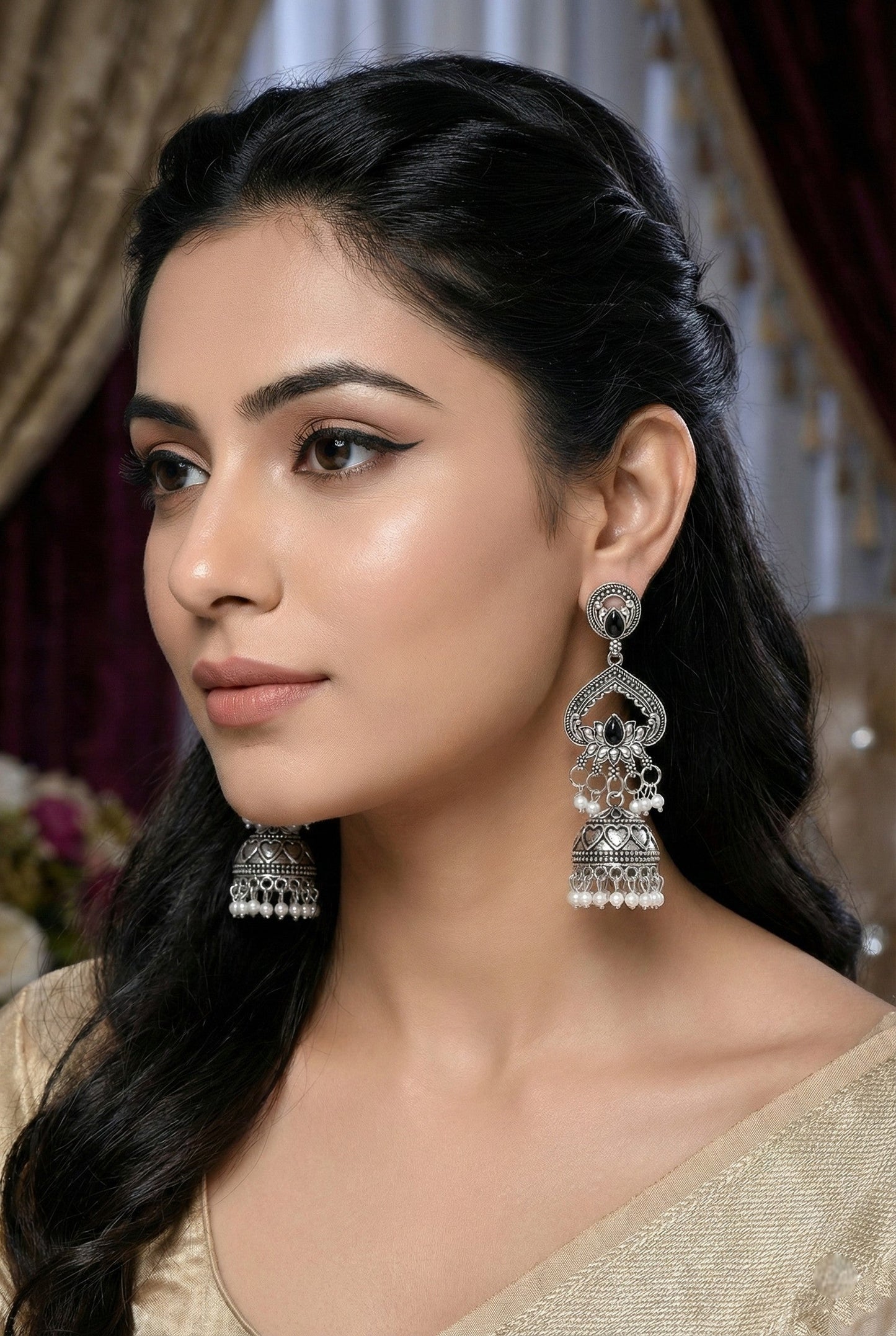 Silver Plated, Stylish Oxidised Lotus Motif Jhumka Earrings for Women and Girls, Traditional Ethnic Pearl Drop Wedding Festive Party Jewellery, Traditional Floral Design Black Coloured Ethnic Earring