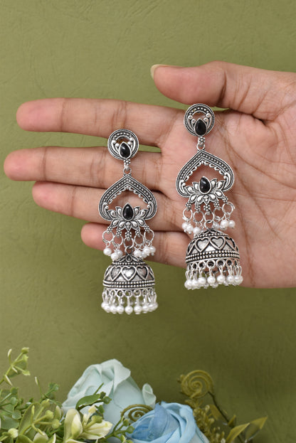Silver Plated, Stylish Oxidised Lotus Motif Jhumka Earrings for Women and Girls, Traditional Ethnic Pearl Drop Wedding Festive Party Jewellery, Traditional Floral Design Black Coloured Ethnic Earring