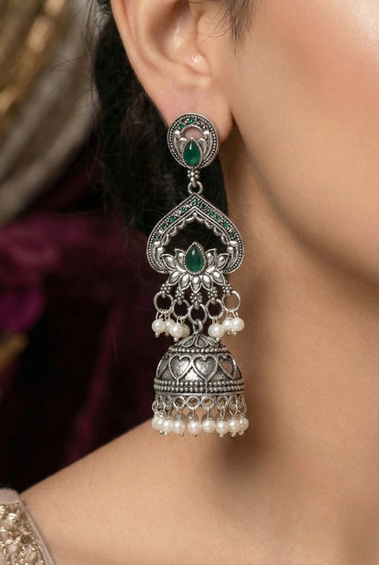 Silver Plated, Stylish Oxidised Lotus Motif Jhumka Earrings for Women and Girls, Traditional Ethnic Pearl Drop Wedding Festive Party Jewellery, Traditional Floral Design Green Coloured Ethnic Earring