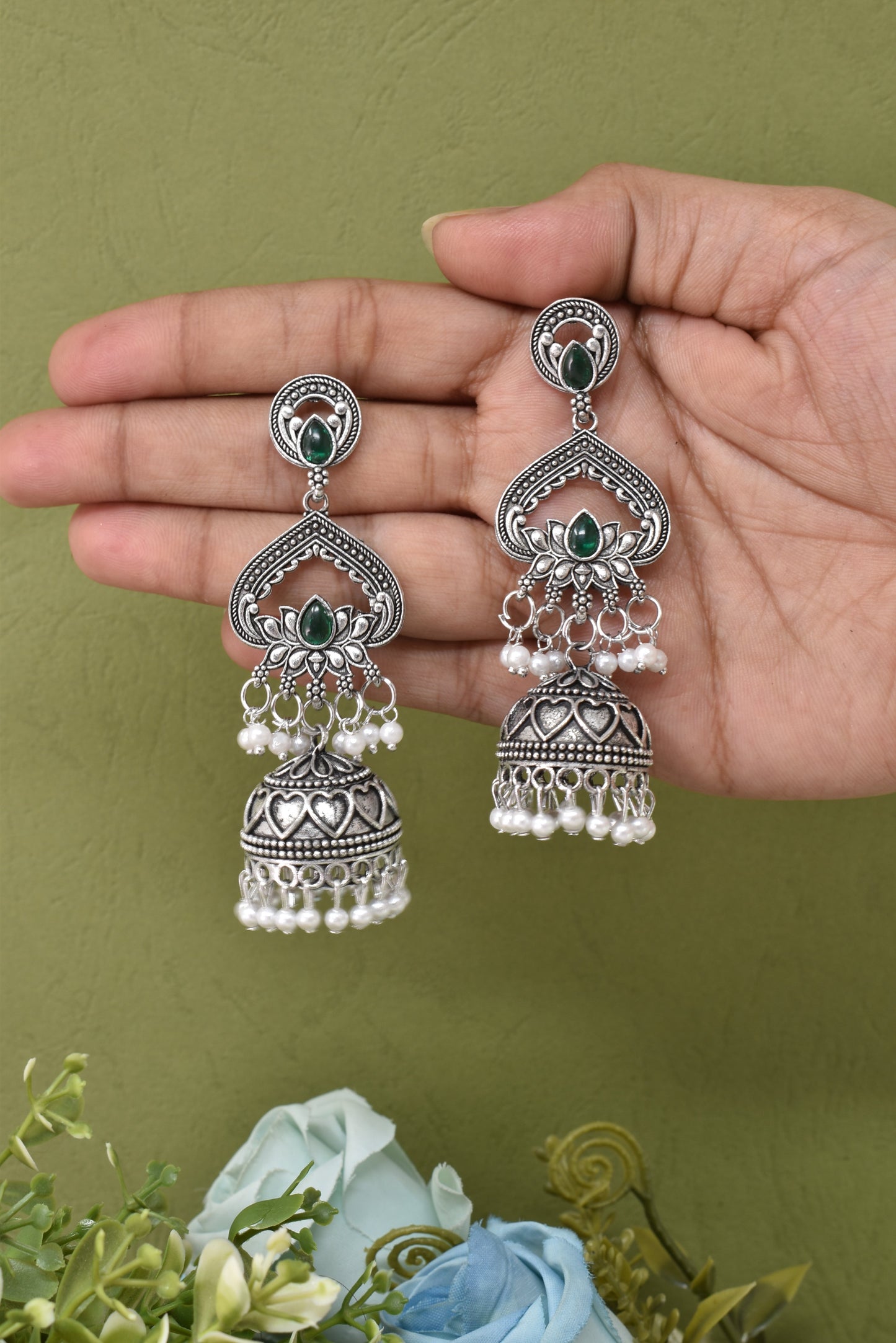 Silver Plated, Stylish Oxidised Lotus Motif Jhumka Earrings for Women and Girls, Traditional Ethnic Pearl Drop Wedding Festive Party Jewellery, Traditional Floral Design Green Coloured Ethnic Earring