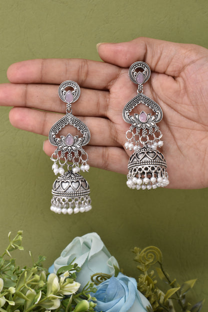 Silver Plated, Stylish Oxidised Lotus Motif Jhumka Earrings for Women & Girls, Traditional Ethnic Pearl Drop Wedding Festive Party Jewellery, Traditional Floral Design Lavender Colored Ethnic Earring