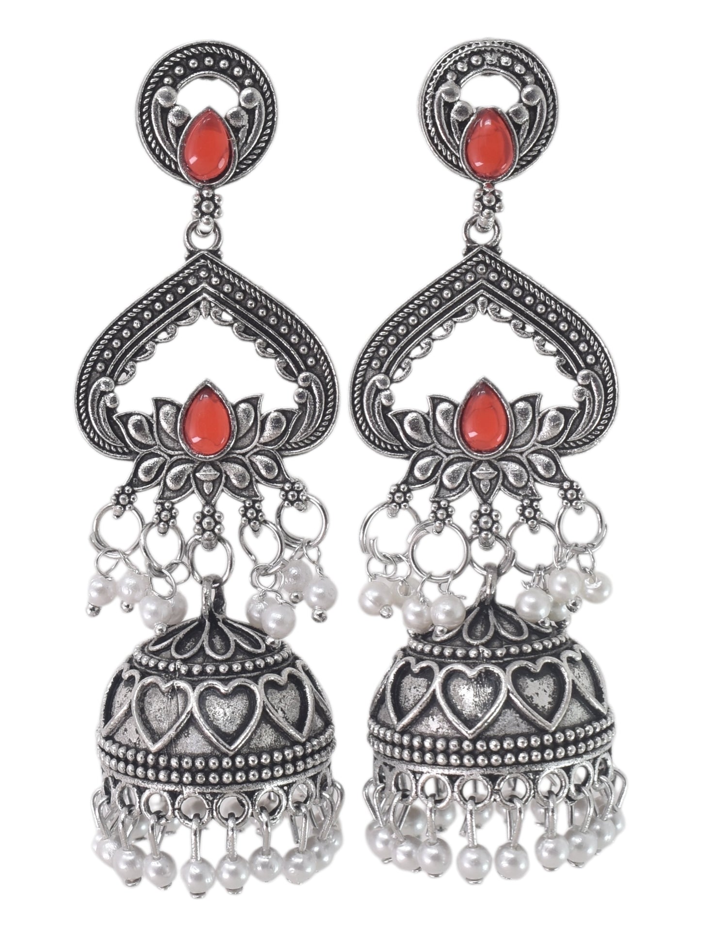 Silver Plated, Stylish Oxidised Lotus Motif Jhumka Earrings for Women and Girls, Traditional Ethnic Pearl Drop Wedding Festive Party Jewellery, Traditional Floral Design Red Coloured Ethnic Earring
