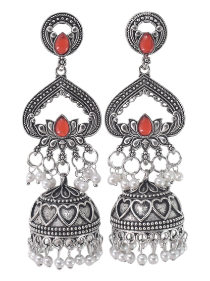 Silver Plated, Stylish Oxidised Lotus Motif Jhumka Earrings for Women and Girls, Traditional Ethnic Pearl Drop Wedding Festive Party Jewellery, Traditional Floral Design Red Coloured Ethnic Earring