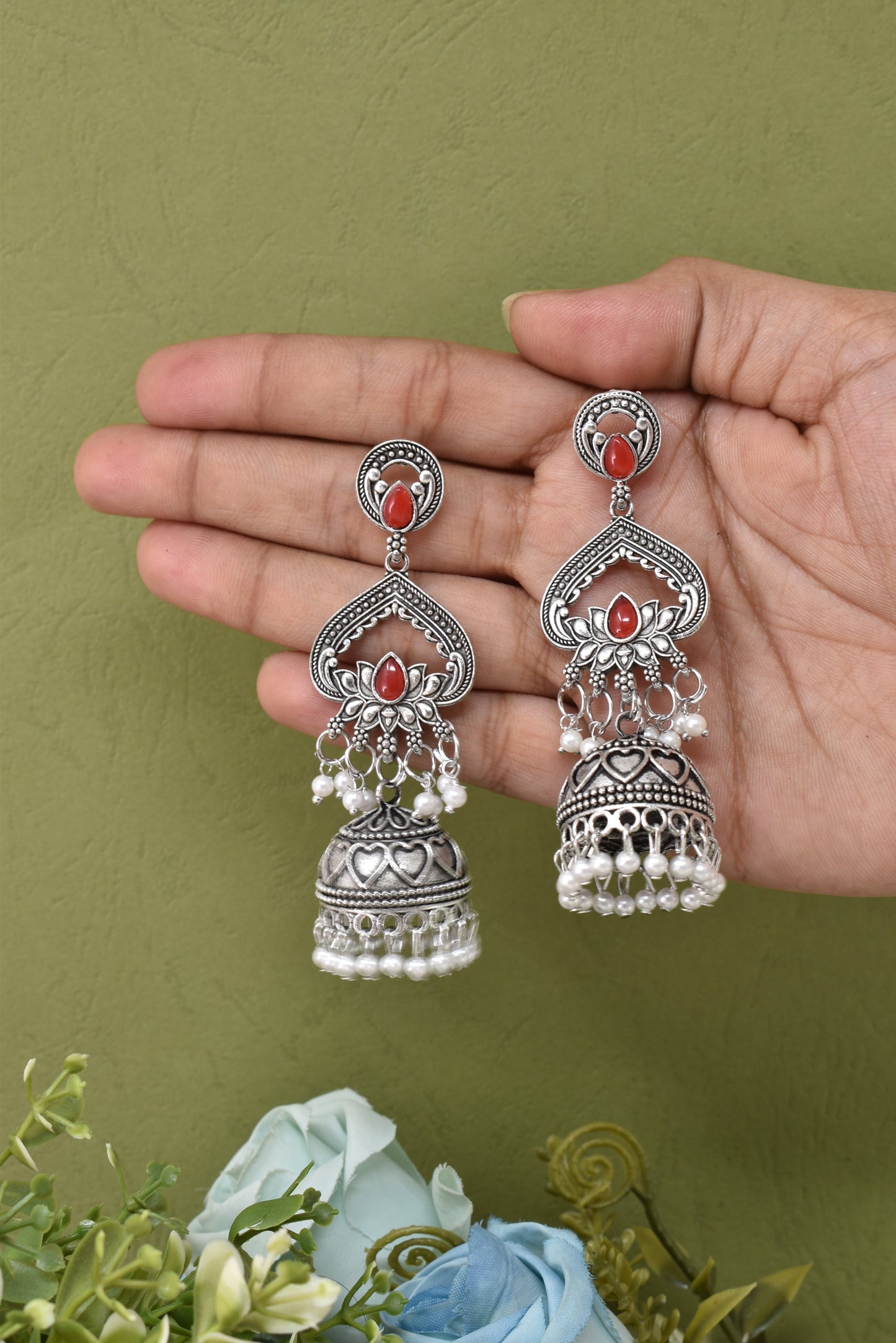 Silver Plated, Stylish Oxidised Lotus Motif Jhumka Earrings for Women and Girls, Traditional Ethnic Pearl Drop Wedding Festive Party Jewellery, Traditional Floral Design Red Coloured Ethnic Earring