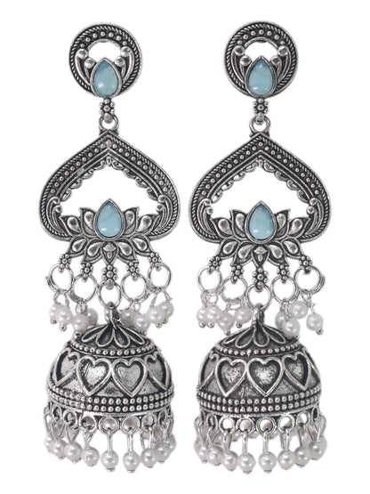 Silver Plated, Stylish Oxidised Lotus Motif Jhumka Earrings for Women & Girls, Traditional Ethnic Pearl Drop Wedding Festive Party Jewellery, Traditional Floral Design Sky Blue Colored Ethnic Earring