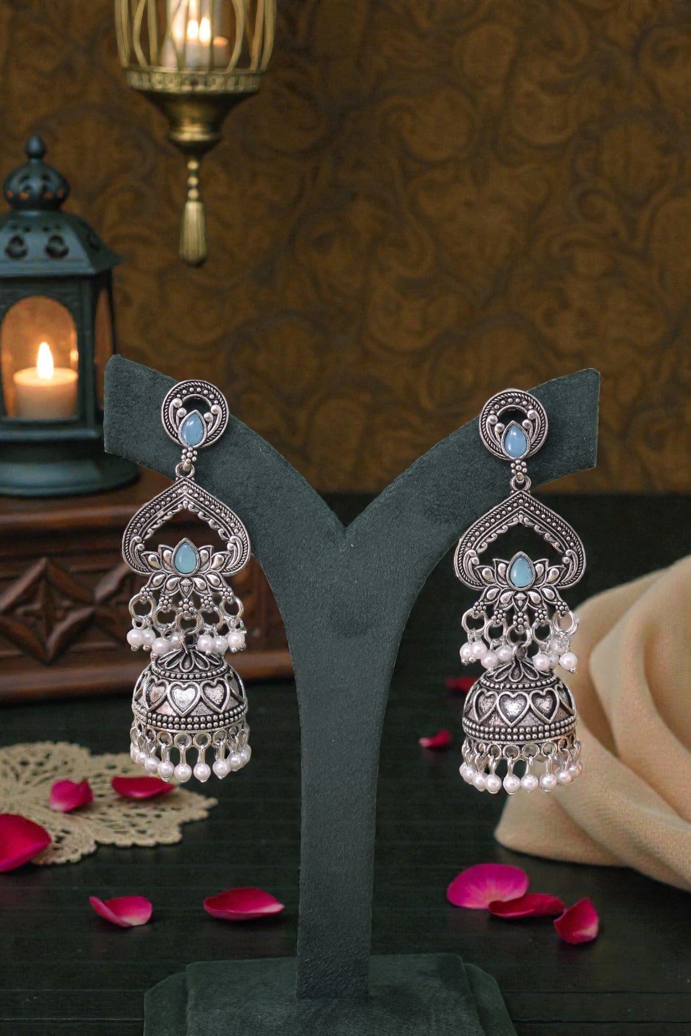 Silver Plated, Stylish Oxidised Lotus Motif Jhumka Earrings for Women & Girls, Traditional Ethnic Pearl Drop Wedding Festive Party Jewellery, Traditional Floral Design Sky Blue Colored Ethnic Earring
