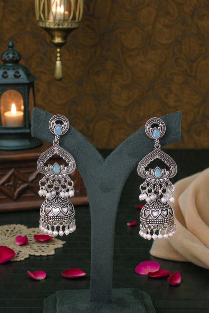 Silver Plated, Stylish Oxidised Lotus Motif Jhumka Earrings for Women & Girls, Traditional Ethnic Pearl Drop Wedding Festive Party Jewellery, Traditional Floral Design Sky Blue Colored Ethnic Earring