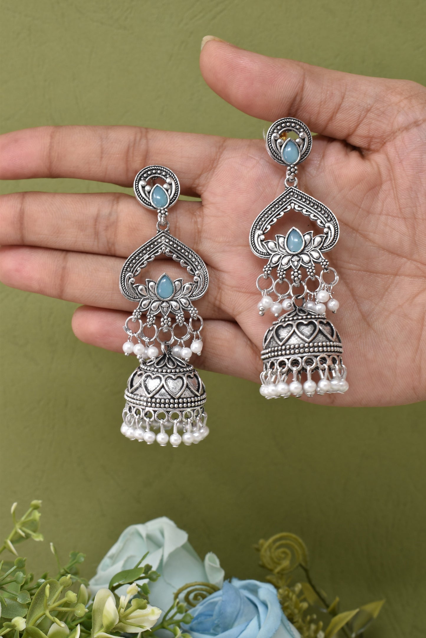 Silver Plated, Stylish Oxidised Lotus Motif Jhumka Earrings for Women & Girls, Traditional Ethnic Pearl Drop Wedding Festive Party Jewellery, Traditional Floral Design Sky Blue Colored Ethnic Earring