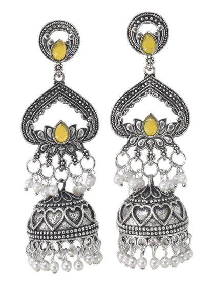 Silver Plated, Stylish Oxidised Lotus Motif Jhumka Earrings for Women & Girls, Traditional Ethnic Pearl Drop Wedding Festive Party Jewellery, Traditional Floral Design yellow Coloured Ethnic Earring