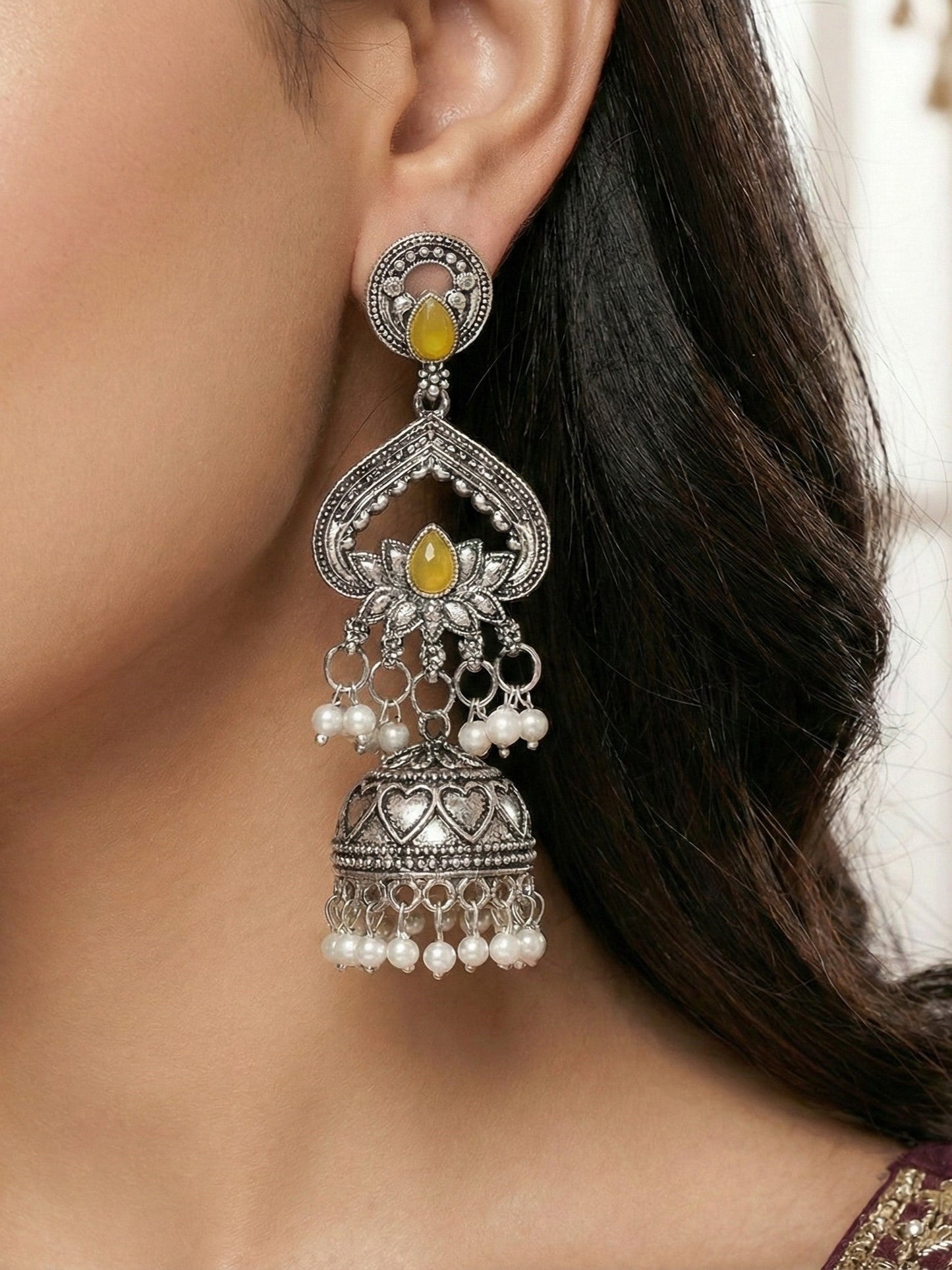 Silver Plated, Stylish Oxidised Lotus Motif Jhumka Earrings for Women & Girls, Traditional Ethnic Pearl Drop Wedding Festive Party Jewellery, Traditional Floral Design yellow Coloured Ethnic Earring