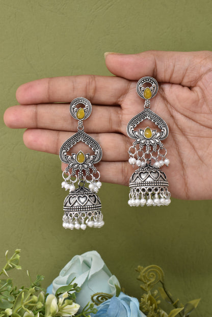 Silver Plated, Stylish Oxidised Lotus Motif Jhumka Earrings for Women & Girls, Traditional Ethnic Pearl Drop Wedding Festive Party Jewellery, Traditional Floral Design yellow Coloured Ethnic Earring