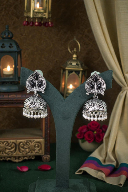 Silver Plated, Stylish Oxidised Paan Motif Jhumka Earrings for Women and Girls, Traditional Ethnic Pearl Drop Wedding Festive Party Jewellery, Traditional Leaf Design Black Coloured Ethnic Earring