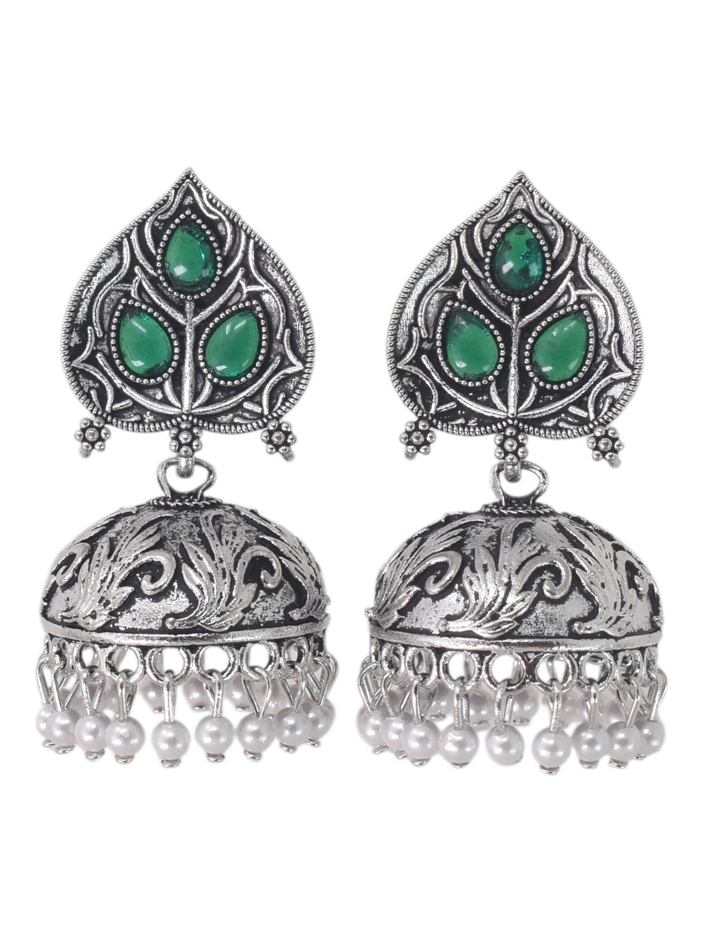 Silver Plated, Stylish Oxidised Paan Motif Jhumka Earrings for Women and Girls, Traditional Ethnic Pearl Drop Wedding Festive Party Jewellery, Traditional Leaf Design Green Coloured Ethnic Earring