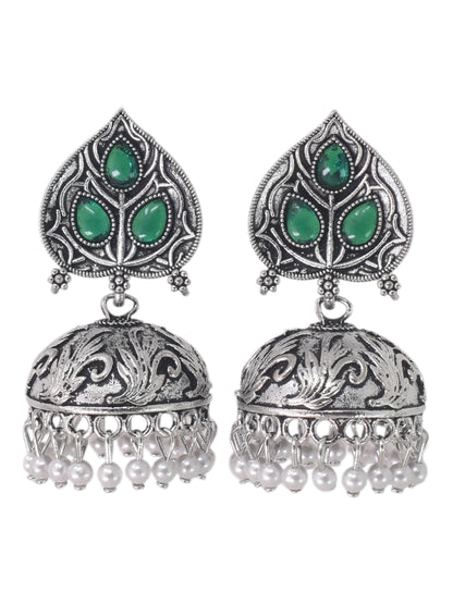 Silver Plated, Stylish Oxidised Paan Motif Jhumka Earrings for Women and Girls, Traditional Ethnic Pearl Drop Wedding Festive Party Jewellery, Traditional Leaf Design Green Coloured Ethnic Earring