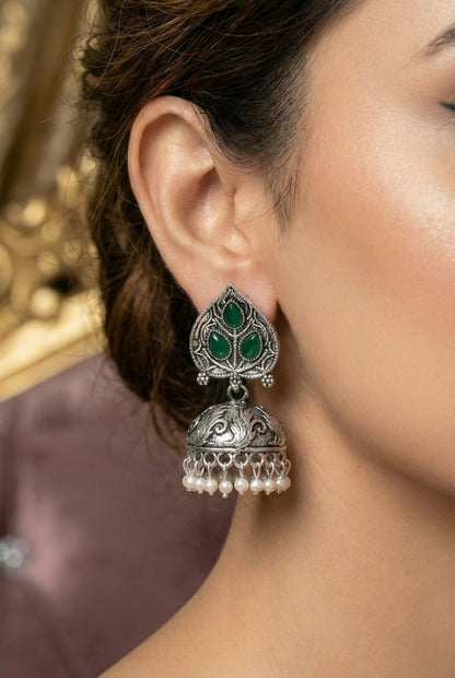 Silver Plated, Stylish Oxidised Paan Motif Jhumka Earrings for Women and Girls, Traditional Ethnic Pearl Drop Wedding Festive Party Jewellery, Traditional Leaf Design Green Coloured Ethnic Earring