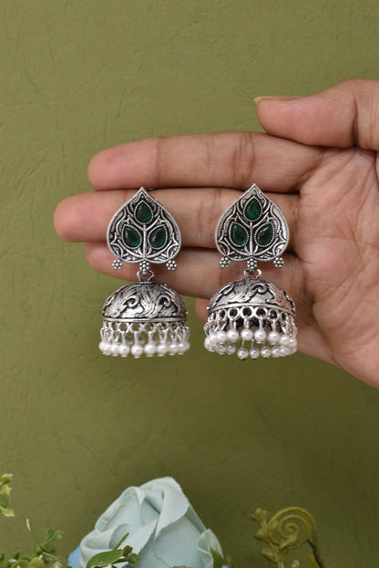 Silver Plated, Stylish Oxidised Paan Motif Jhumka Earrings for Women and Girls, Traditional Ethnic Pearl Drop Wedding Festive Party Jewellery, Traditional Leaf Design Green Coloured Ethnic Earring