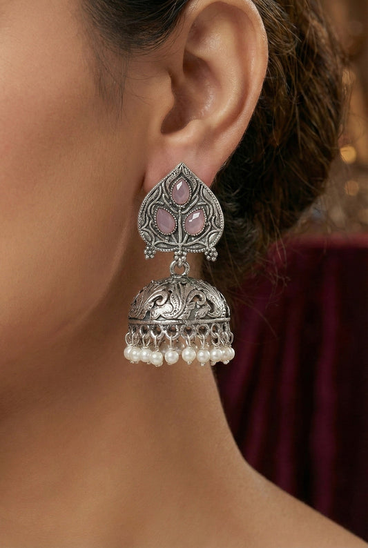 Silver Plated, Stylish Oxidised Paan Motif Jhumka Earrings for Women and Girls, Traditional Ethnic Pearl Drop Wedding Festive Party Jewellery, Traditional Leaf Design Lavender Coloured Ethnic Earring