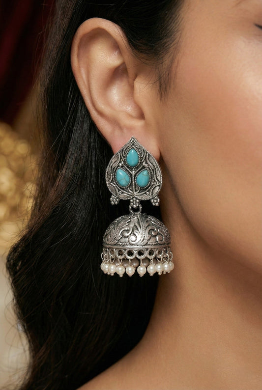 Silver Plated, Stylish Oxidised Paan Motif Jhumka Earrings for Women and Girls, Traditional Ethnic Pearl Drop Wedding Festive Party Jewellery, Traditional Leaf Design Sky Blue Coloured Ethnic Earring