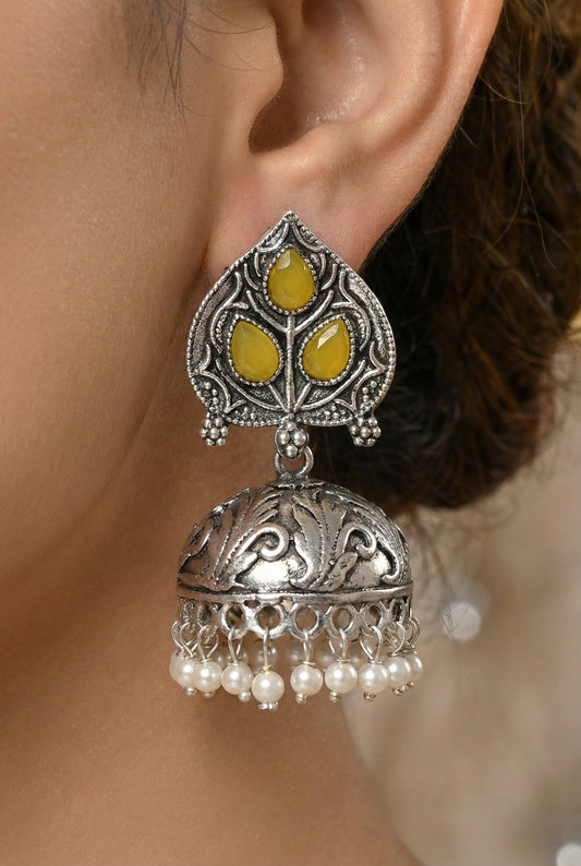 Silver Plated, Stylish Oxidised Paan Motif Jhumka Earrings for Women and Girls, Traditional Ethnic Pearl Drop Wedding Festive Party Jewellery, Traditional Leaf Design Yellow Coloured Ethnic Earring