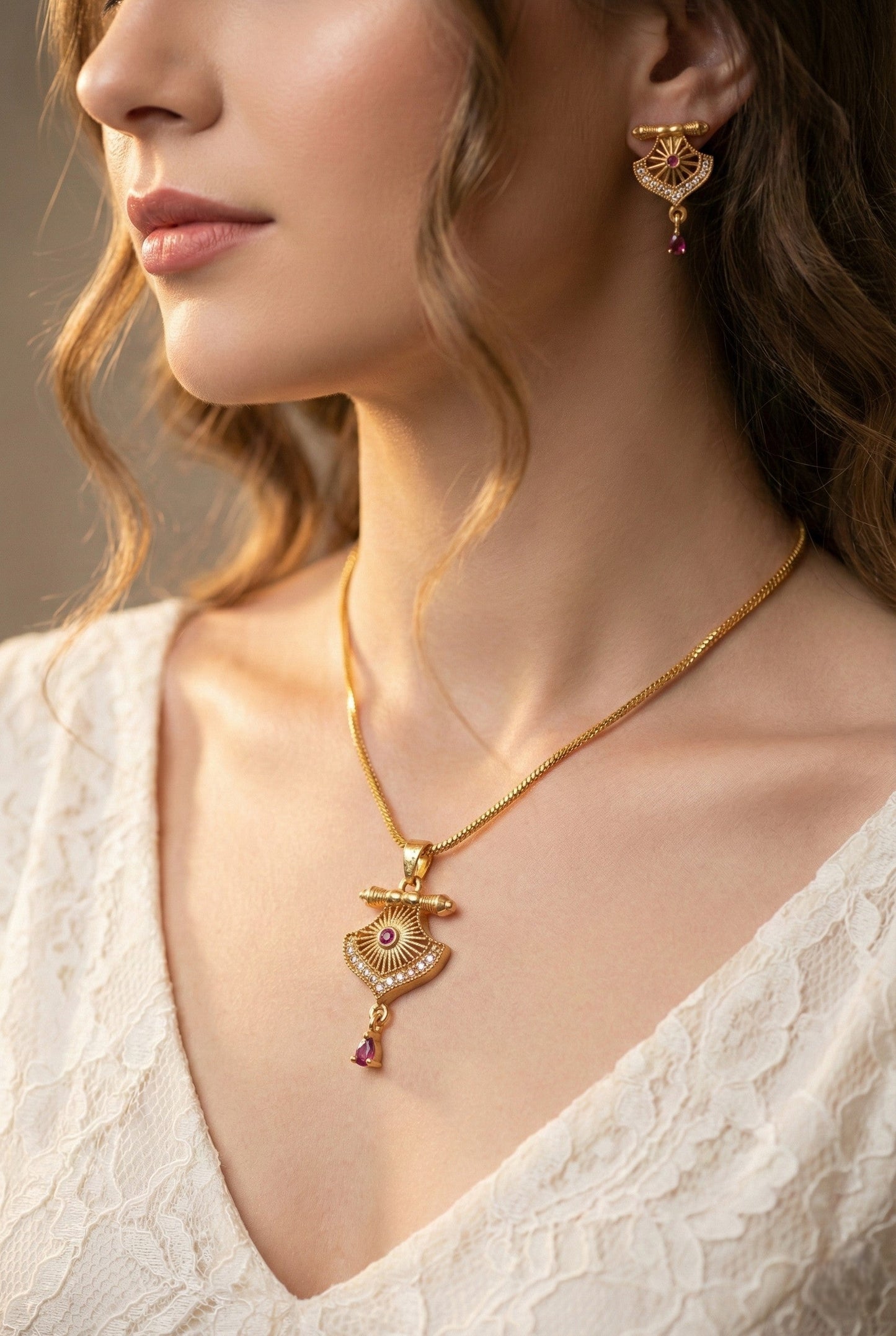 Meira Jewellery Gold Plated Stone Studded Pendant Necklace with Pink Center Accent for Women, Lightweight Party Jewellery for Festive, Wedding, Evening and Daily Styling with Premium Finish Chain-10