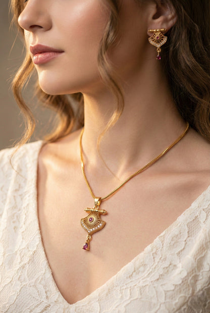 Meira Jewellery Gold Plated Stone Studded Pendant Necklace with Pink Center Accent for Women, Lightweight Party Jewellery for Festive, Wedding, Evening and Daily Styling with Premium Finish Chain-10